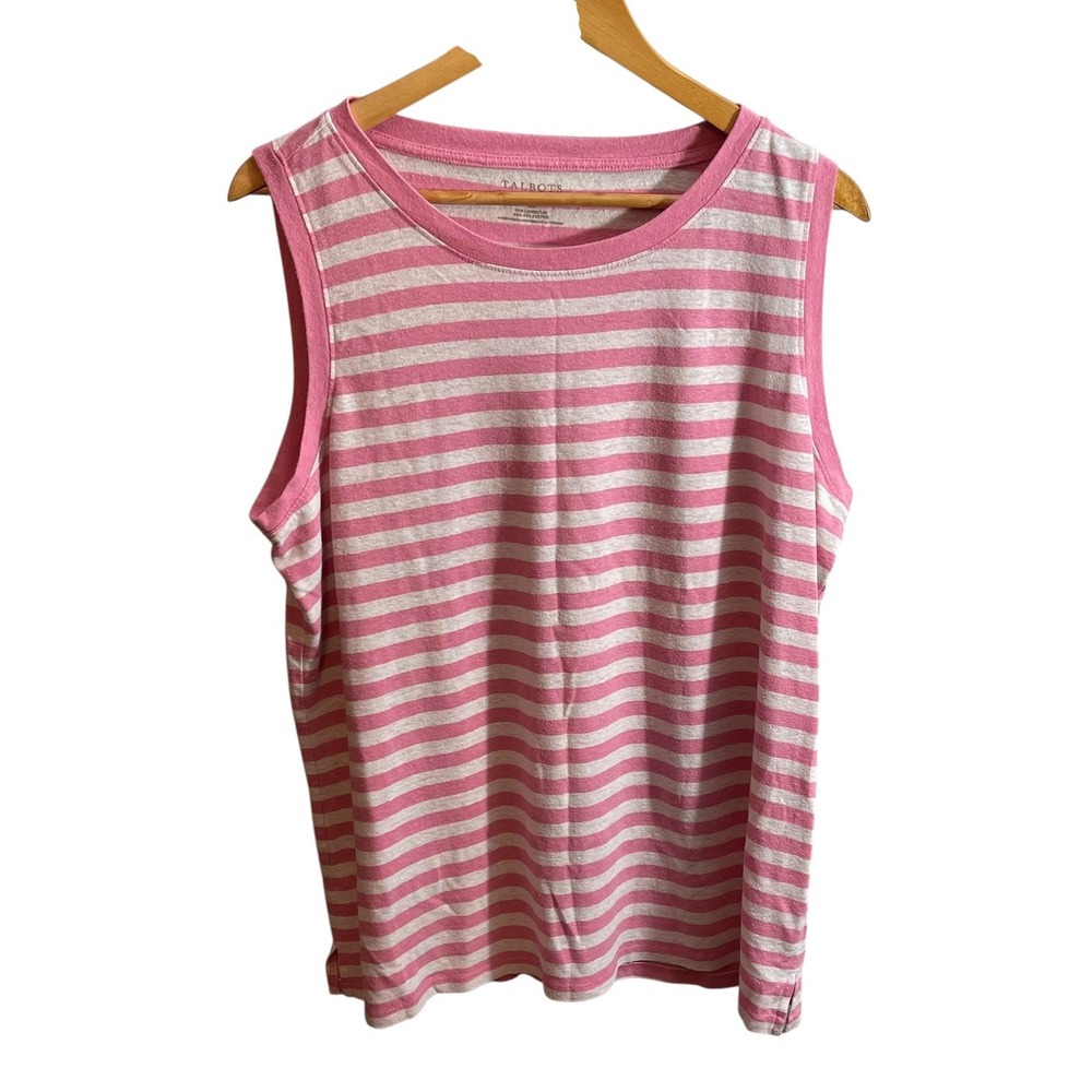 Talbots Plus Tank Top Womens 2X Pink White Stripe Linen Blend Sleeveless Summer